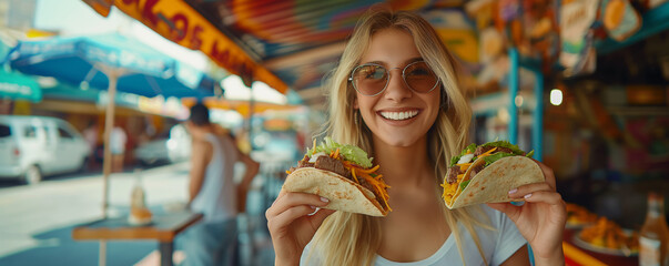 A woman is holding two tacos in her hands and smiling
