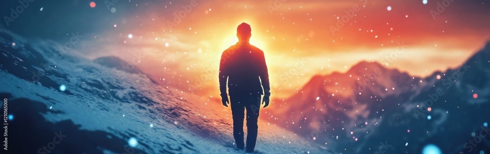 Poster man radiating light while walking through a snowy landscape at sunset with mountains in the backgrou