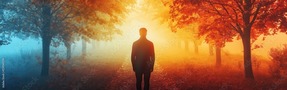 Poster man standing in a glowing autumn forest with vibrant colors at dawn, surrounded by mesmerizing light