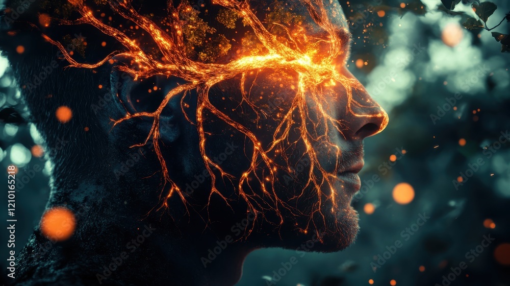 Poster glowing depiction of a man's face illuminated by glowing branches in an ethereal forest setting