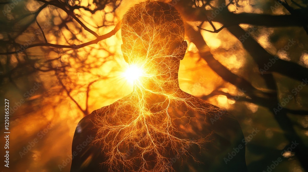 Poster man illuminated by glowing energy with branches and sunlight in the background during the golden hou