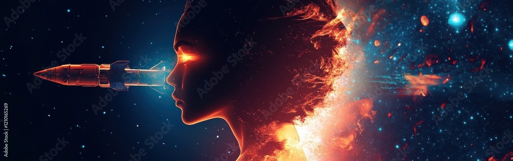 Aufkleber silhouette of a woman merging with cosmic elements and a rocket in an imaginative depiction of space