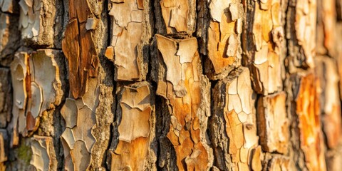 Close-up view of a tree trunk with textured, peeling bark in warm sunlight