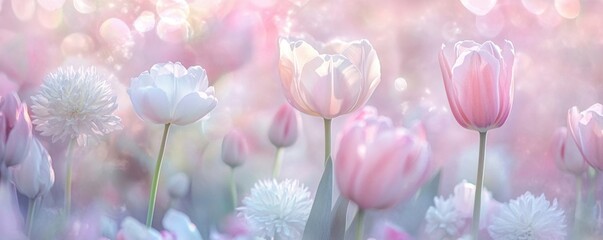 Naklejka premium Pastel Dream: A Serene Garden of Delicate Tulips and Flowers