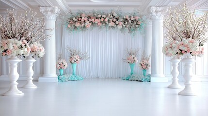 Elegant wedding ceremony setup, floral arch, white hall. Perfect for invitations or event websites