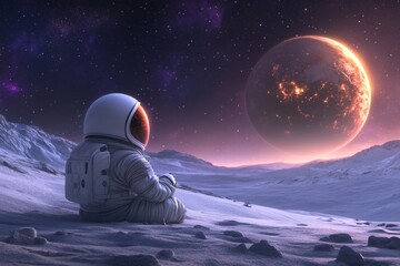 Obraz premium A futuristic depiction of a solitary astronaut floating in the vast emptiness of space, with Earth glowing faintly in the distance