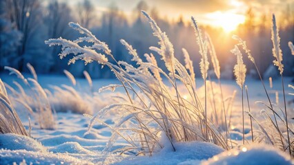 Frost-covered grasses bathed in the golden light of a winter sunrise, a serene and peaceful scene.