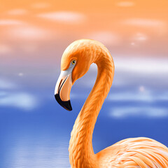Close view of the long and slender necked flamingo bird on water at sunset