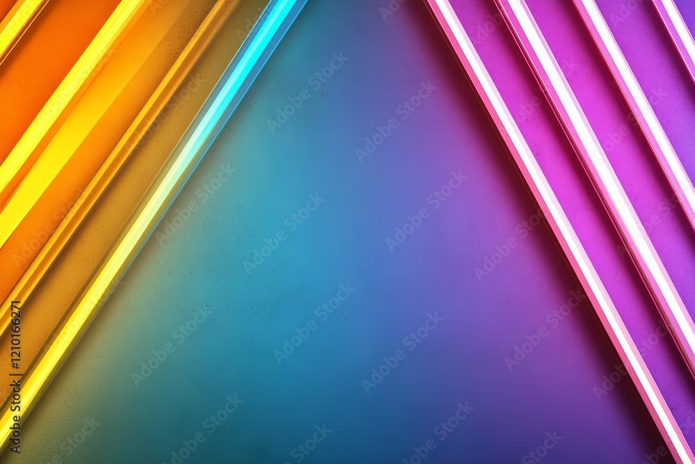 Poster vibrant and colorful neon lights create a striking diagonal pattern on a smooth gradient background,