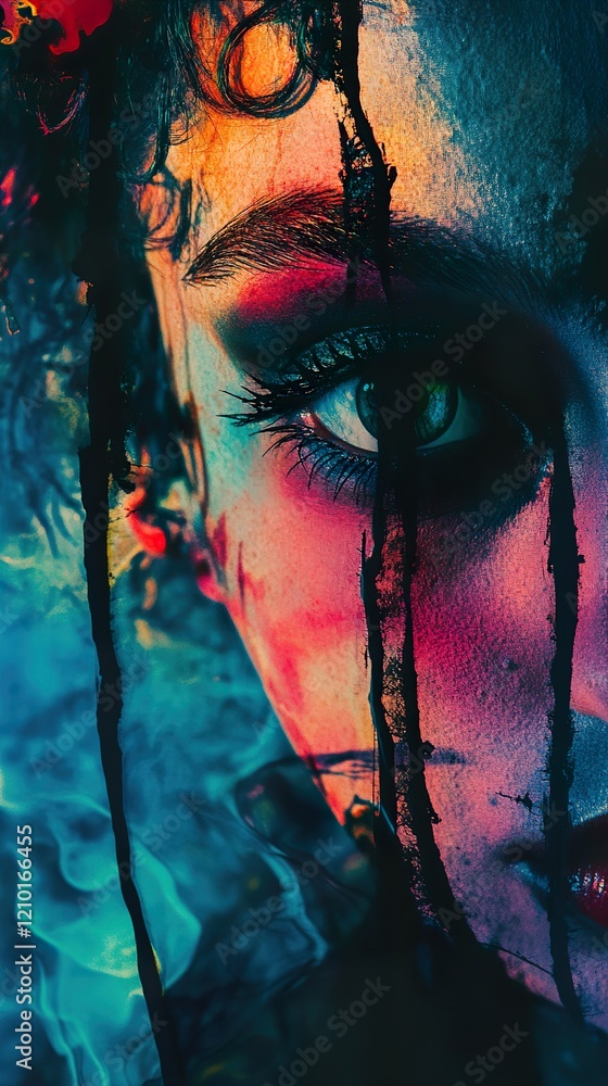 Poster Surreal Colorful Portrait: Woman's Face with Intriguing Makeup