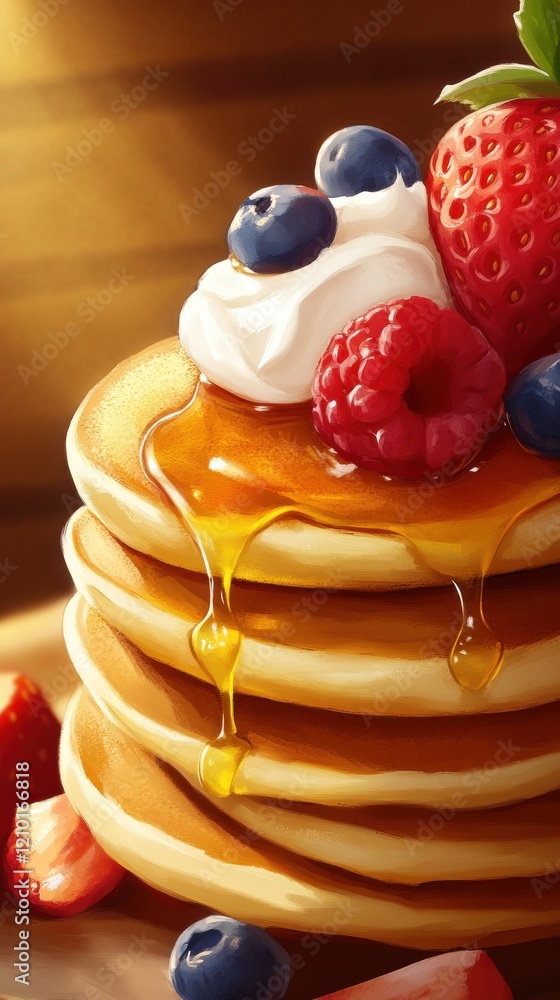 Aufkleber Stack of fluffy pancakes drizzled with syrup and topped with berries and cream