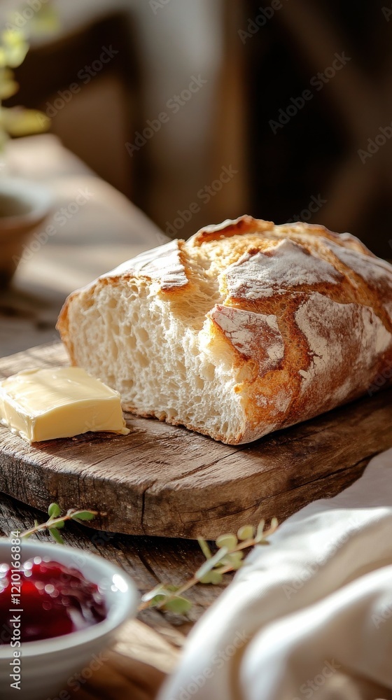 Poster rustic loaf of bread with butter and jam on a wooden board in a cozy kitchen setting