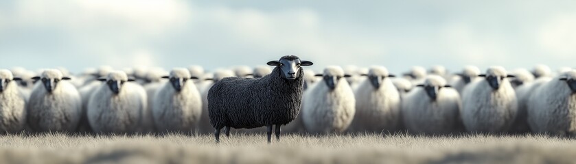 Fototapeta premium A black sheep stands out from a flock of white sheep. 