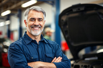 The mechanic smiles and stands with his arms crossed confidently in the auto repair shop , Automotive concept , Generation AI