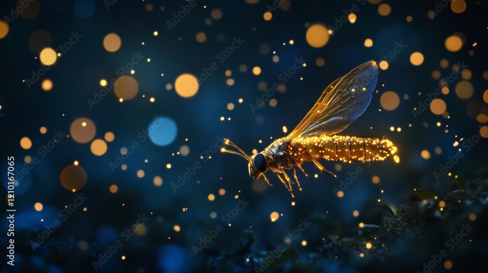 Poster golden firefly light with fairy dust. magic glow isolated vector effect. night bokeh glowworm sparkl