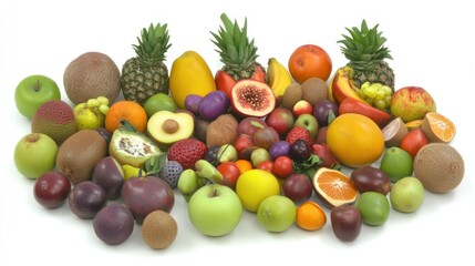 Vibrant tropical fruit still life, studio shot, white background, healthy food advertising