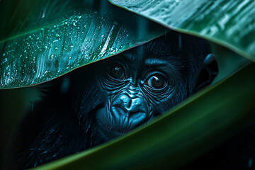 Baby gorilla sheltered by a huge banana leaf in a rainy jungle