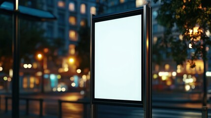 Empty Urban Billboard Illuminated by Streetlights at Night Surrounded by City Buildings Creating an Atmosphere of Anticipation
