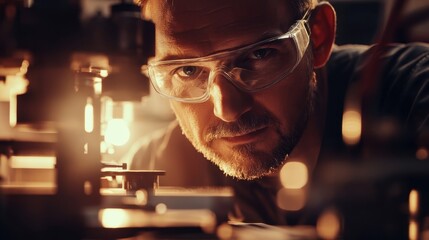 Industrial engineer examining machinery with safety glasses, ensuring precision and safety in a factory or workshop environment, highlighting expertise in quality control and occupational safety