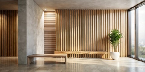 Fototapeta premium Modern Minimalist Interior Design with Wooden Wall Accents and Seating