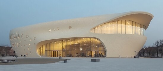 Modern white building exterior, dusk, city square, illuminated interior
