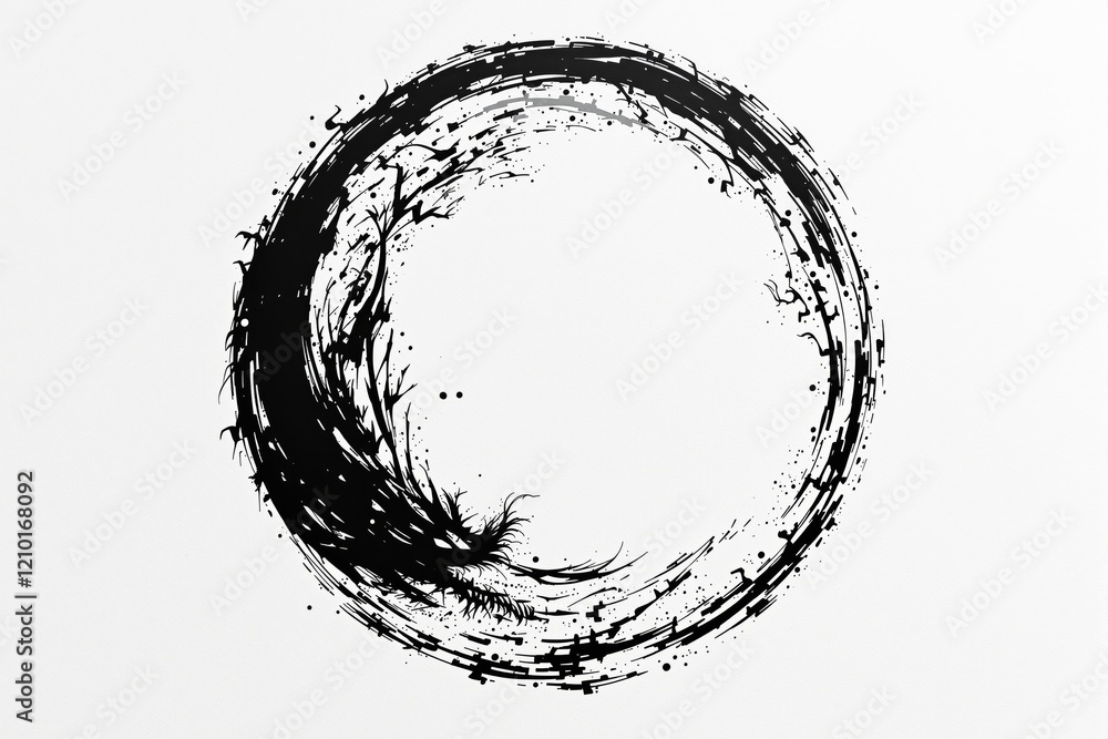 Poster abstract black ink brushstroke in circular design on white background.