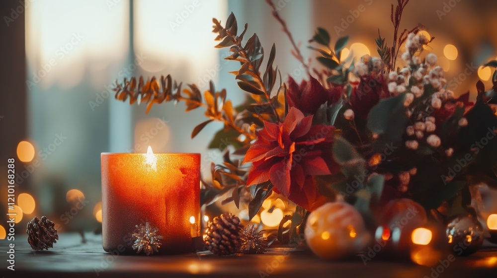 Poster warm terracotta candle and autumn florals create a cozy atmosphere with soft bokeh lights in the bac