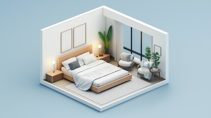An isometric perspective of a modern, minimalist bedroom.
