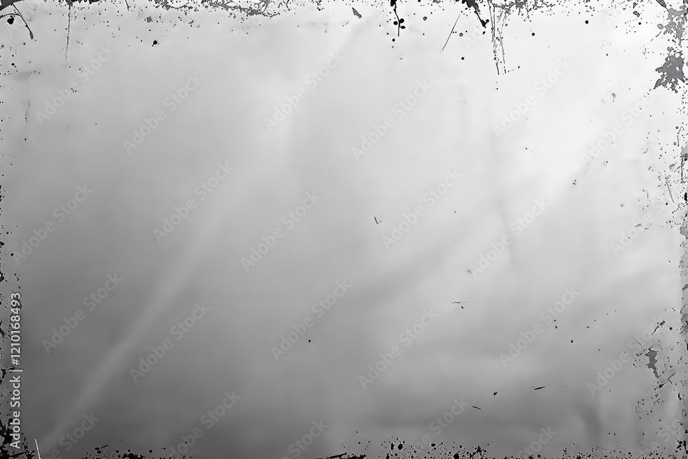 Poster abstract grayscale background with grunge texture and scattered black splatters.