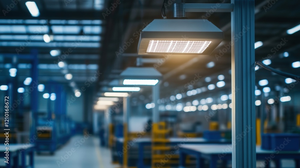 Poster modern led lamp hanging from the ceiling illuminating an industrial factory or warehouse with workbe