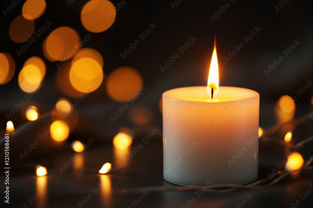 Aufkleber candle with warm flame on dark background surrounded by soft bokeh lights.