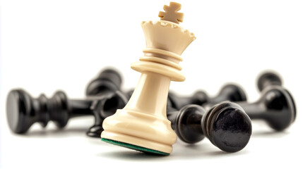 A dramatic close-up of a white chess king standing tall among fallen black pawns on a chessboard, symbolizing victory and dominance isolated on white background.