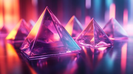 Illuminated Glass Pyramids Reflecting Neon Lights