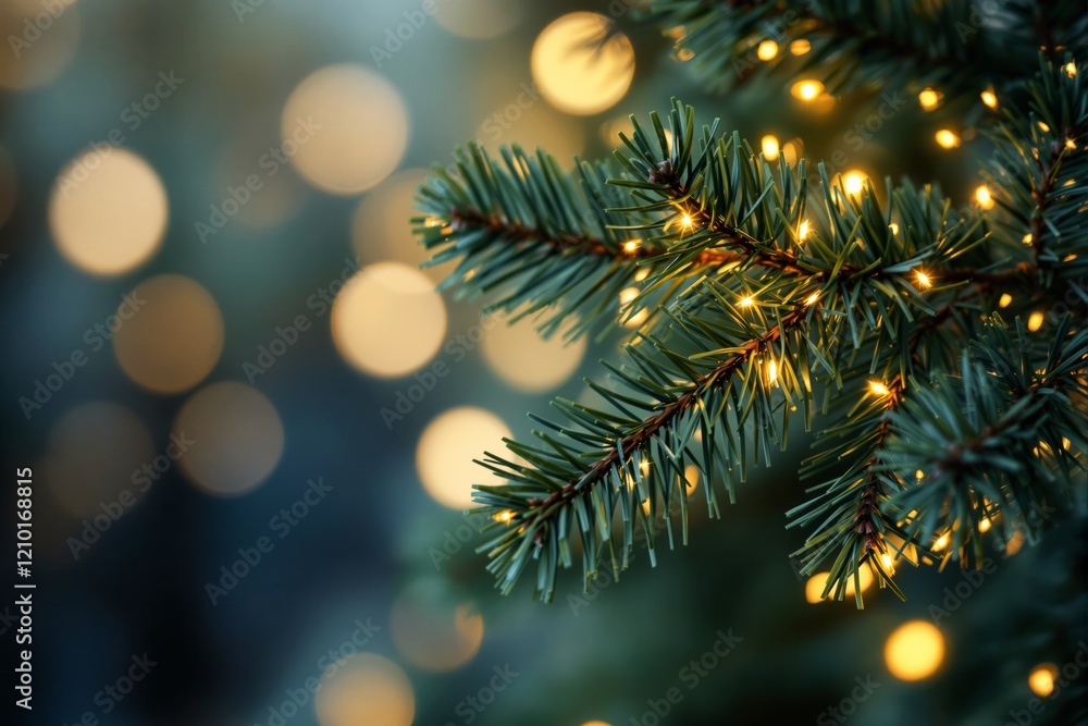 Poster close-up of evergreen branch with warm holiday lights in soft-focus background.