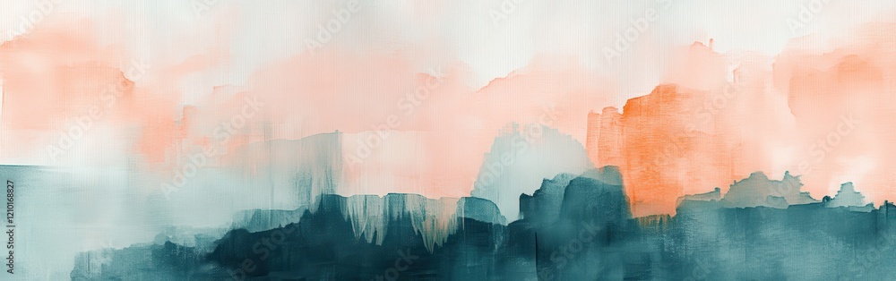 Poster soft pencil strokes create a serene landscape with jagged edges in hues of blue and peach during twi