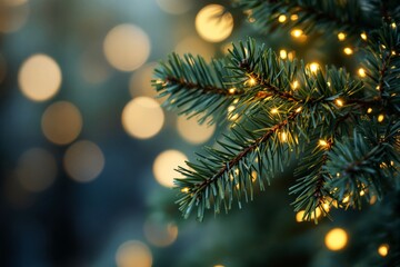 Close-up of evergreen branch with warm holiday lights in soft-focus background.