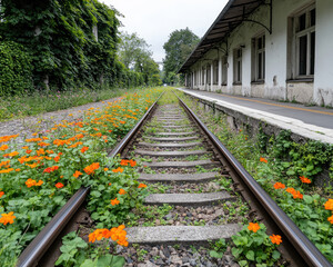 Obraz premium A tranquil scene of overgrown railway tracks adorned with vibrant orange flowers, leading to an abandoned station surrounded by lush greenery.