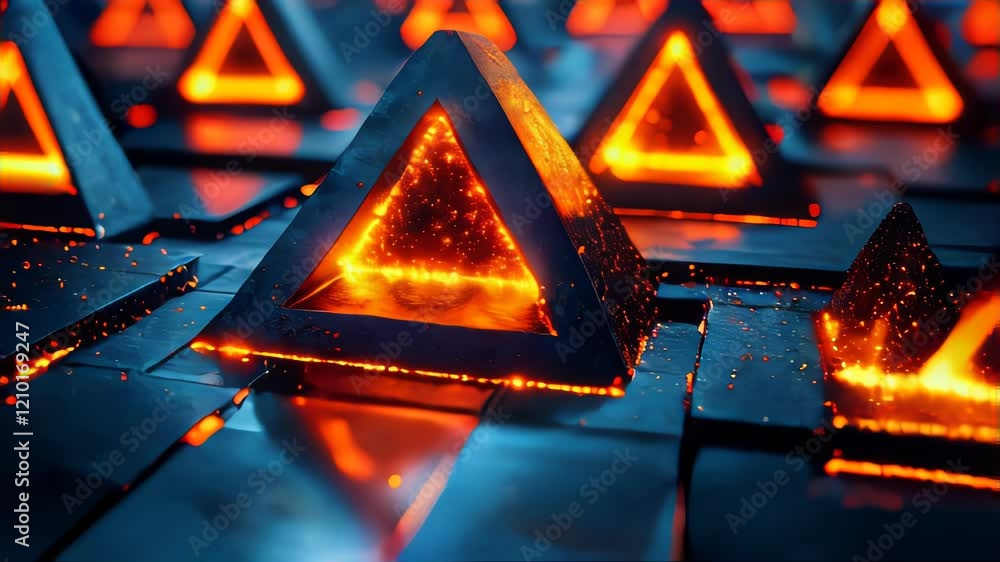 Poster a futuristic triangular structure with glowing edges in an industrial sci-fi environment