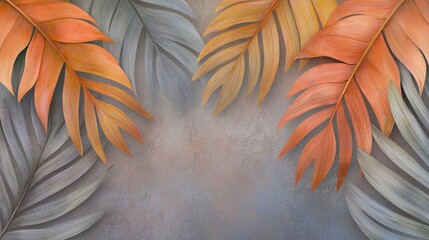 Colorful tropical leaves in shades of orange, gray, and green create vibrant background texture, perfect for nature themed designs and artistic projects