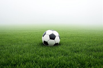 Fototapeta premium Soccer ball resting on green grass under a foggy background in a bright and light illustration.