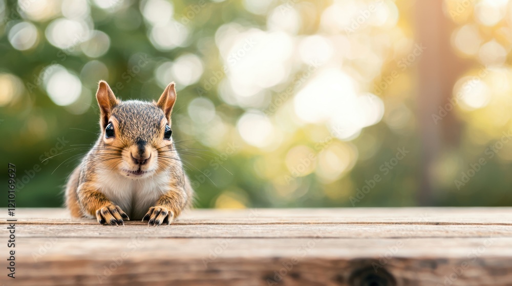 Poster curious squirrel resting on wooden table in forest