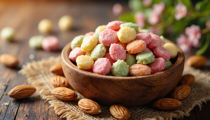Bowl of colorful sugar-coated almonds on rustic table