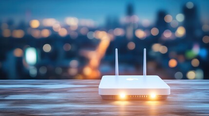 Wireless router on wood, city night