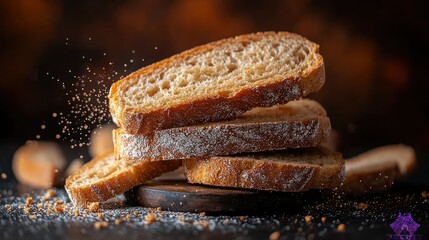 Crusty bread slices, studio shot, dark background, food photography