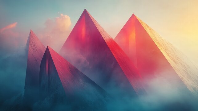 Abstract Pyramidal Mountains in a Misty Sunrise
