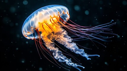 Fototapeta premium A luminous jellyfish gracefully floats in dark water