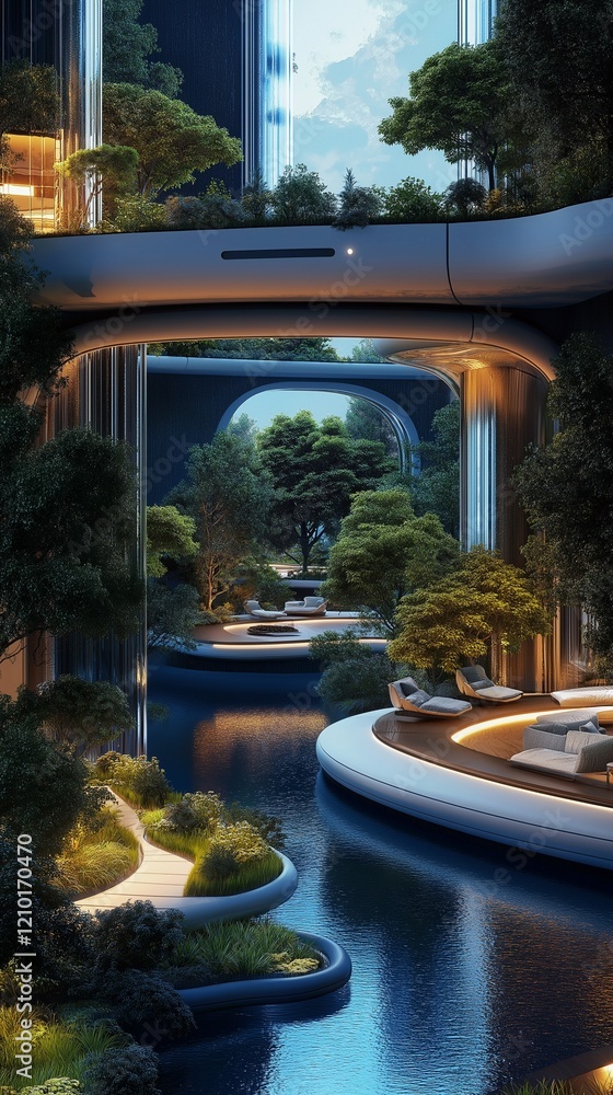 Aufkleber a futuristic high-rise building with a unique design that integrates nature into its architecture.
