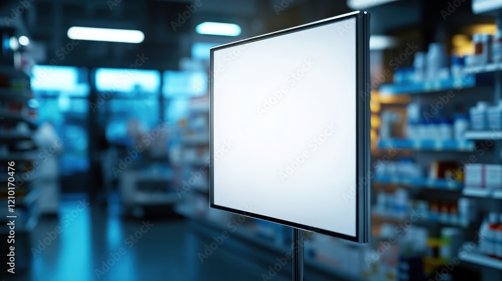 Poster empty billboard displaying ad space in front of a brightly lit pharmacy storefront creating a urban 