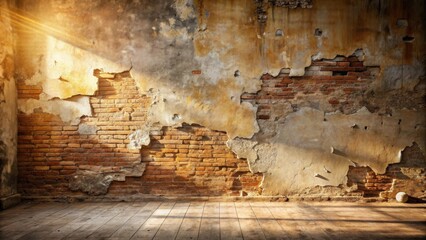 Sunlit Interior with Aged Brick and Plaster Wall