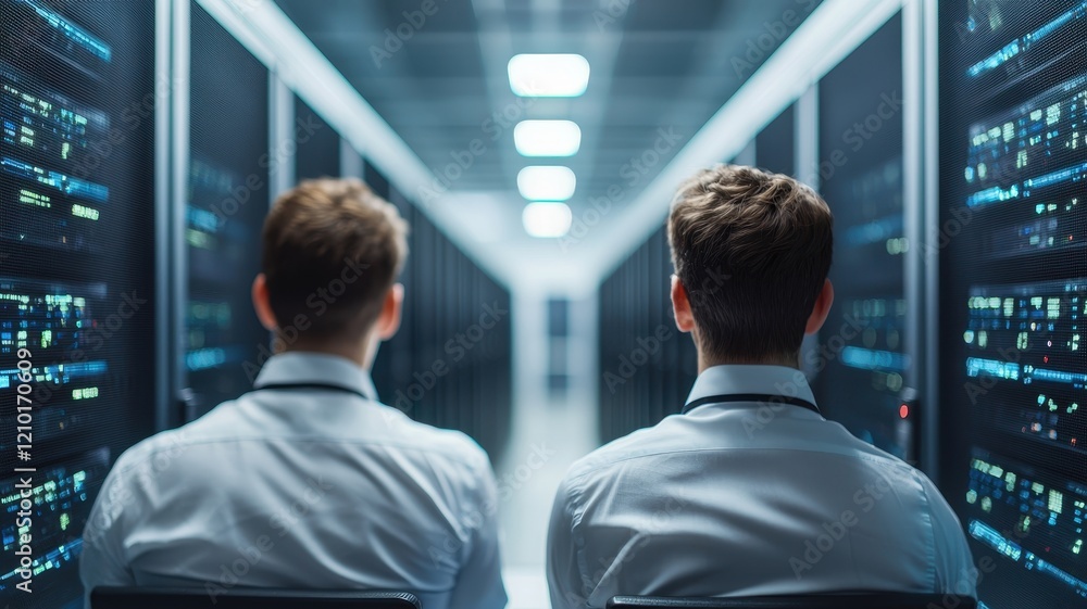 Poster two individuals in white shirts sit back-to-back in a server room, surrounded by rows of servers, hi
